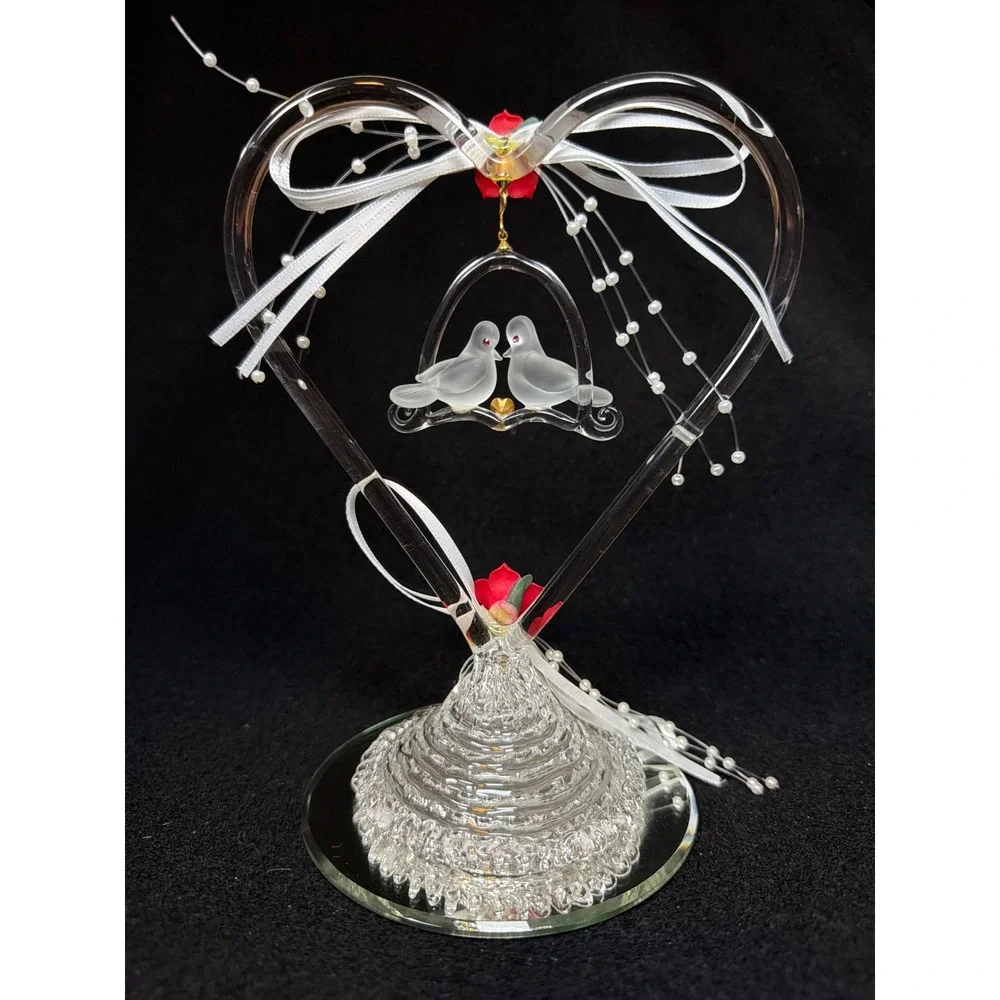 Glass Heart Love Birds Figurine Mirrored Base Red Rose Wedding Cake Topper VTG